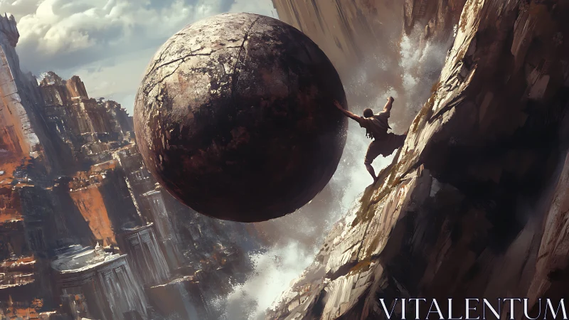 Mythic climber wrestles colossal stone over roaring chasm.