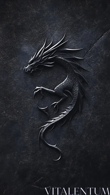 Monochrome relief dragon emblem in sculpted stone finish.