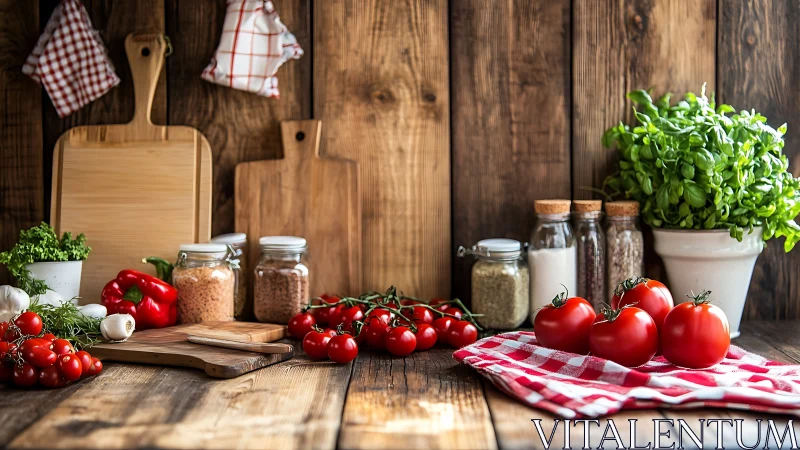 Sunlit rustic kitchen scene welcomes fresh tomatoes and herbs