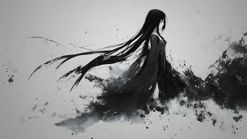 Monochrome anime silhouette with ink-splash dispersion effect.