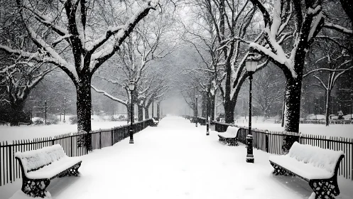 Silent winter promenade of benches waiting patiently.