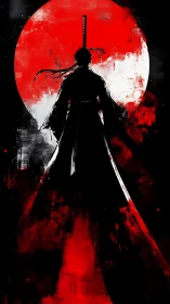 Lone samurai silhouette stands bold against a blazing moon