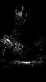 Dark armored knight emerges with glowing red eyes from shadow.