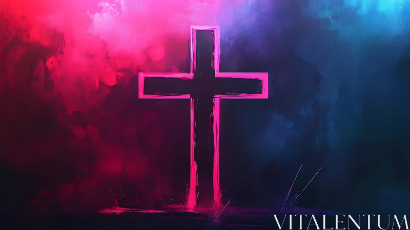 Neon cross centerpiece in atmospheric digital painting composition.