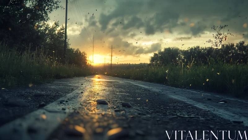 Sunlit country road shimmers with rain-kissed evening magic.