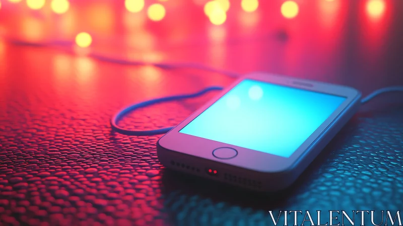 Glowing smartphone rests in neon ambient light on a table