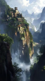 Mist-kissed cliffside temple village welcomes the high peaks