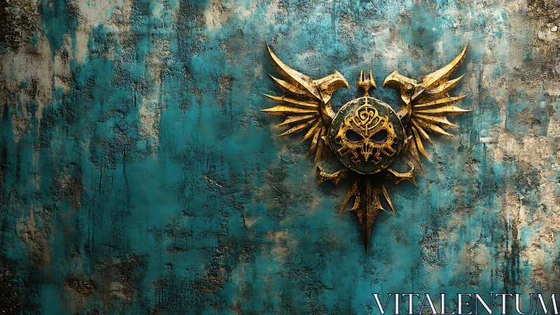 Golden winged skull crest gleams on weathered teal wall