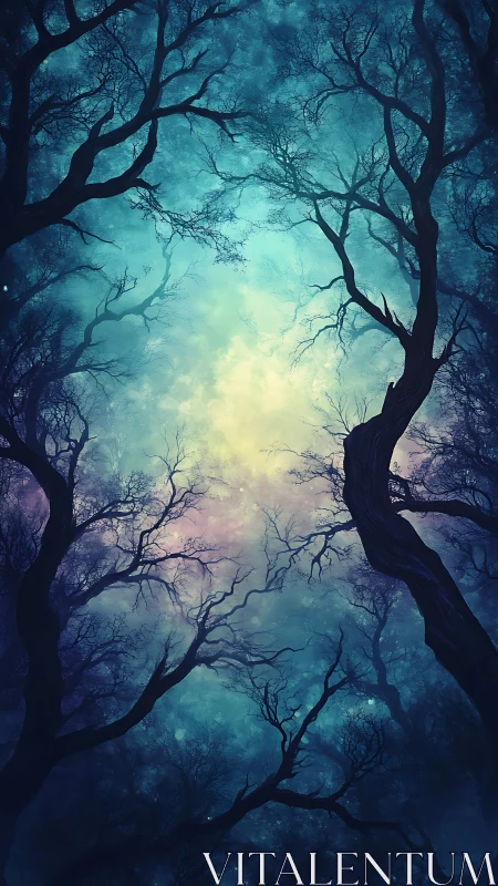 Enchanted twilight canopy with twisted silhouettes and mist.