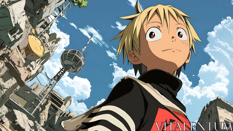 Youthful wanderer surveys ruined city in dynamic anime perspective