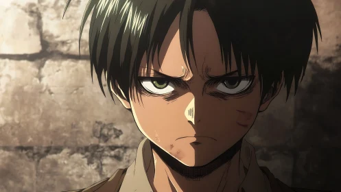 Determined anime soldier stares ahead in harsh side light.