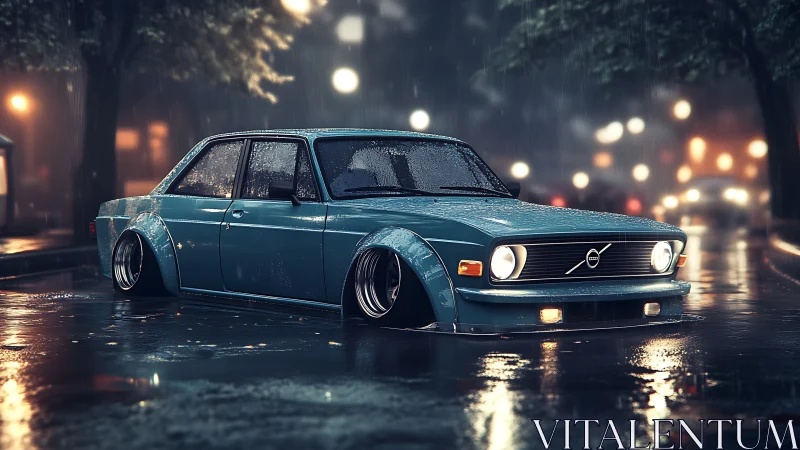 Low-slung blue classic cruising through a rainy city night.