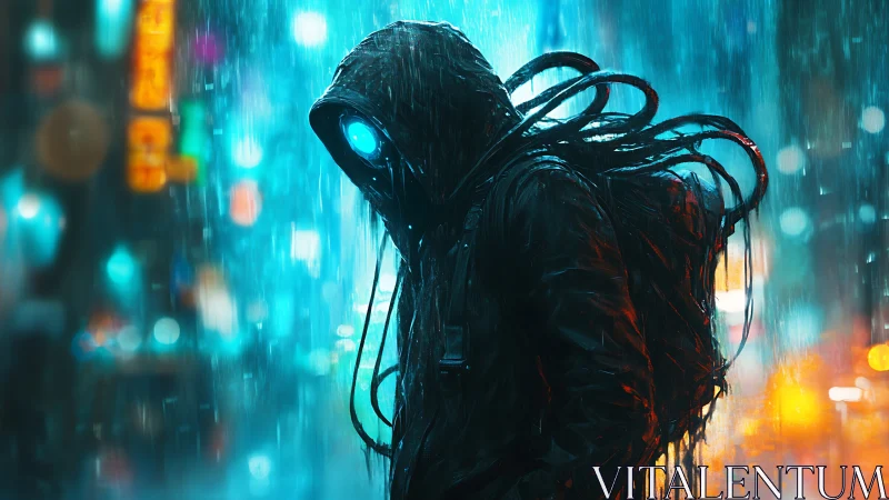 Hooded cybernetic figure in rainlit urban street scene.