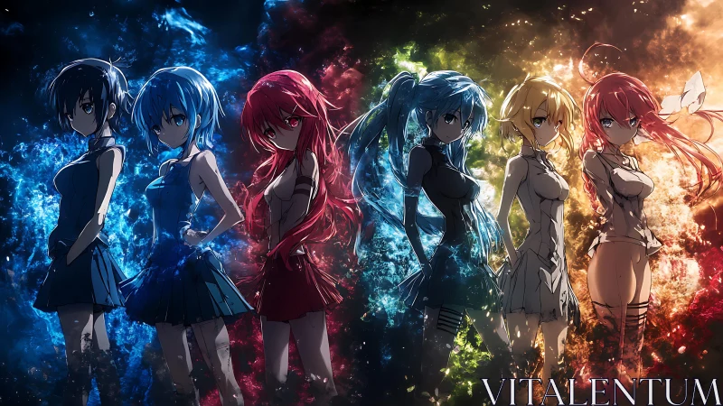 Six anime girls aligned by color with elemental energy.