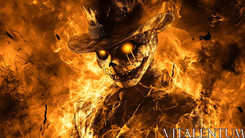 Digital painting of flaming skeletal figure in fedora hat.