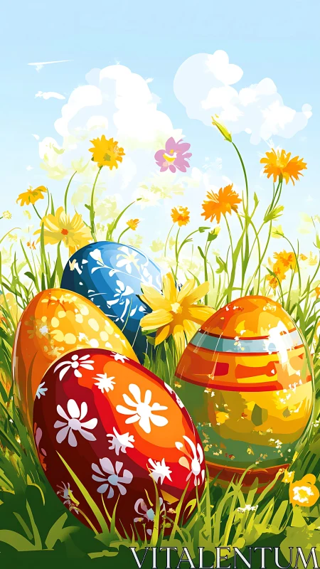 Spring-bright painted eggs napping in wildflower daydreams.