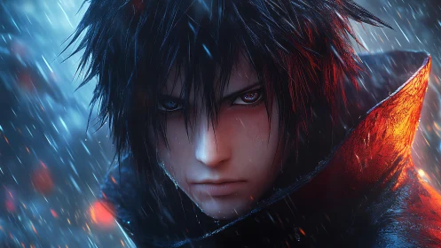 Dark haired anime figure in rain with red collar lighting.