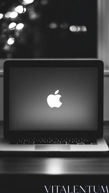 Apple laptop on desk in dark room with glowing screen.