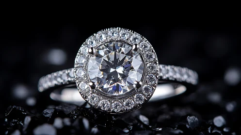 Halo-set diamond engagement ring with high-contrast bokeh.