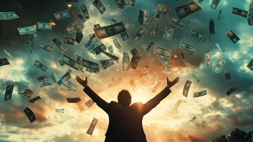 Storm of dollar bills crowns a sunset-struck dreamer.