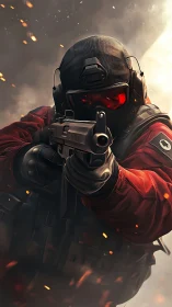 Armored figure aims firearm amid smoke and floating sparks