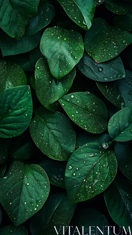 Macro study of dark green foliage with raindrop surface tension