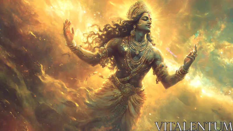 Celestial blue-skinned deity in radiant golden nebula dance