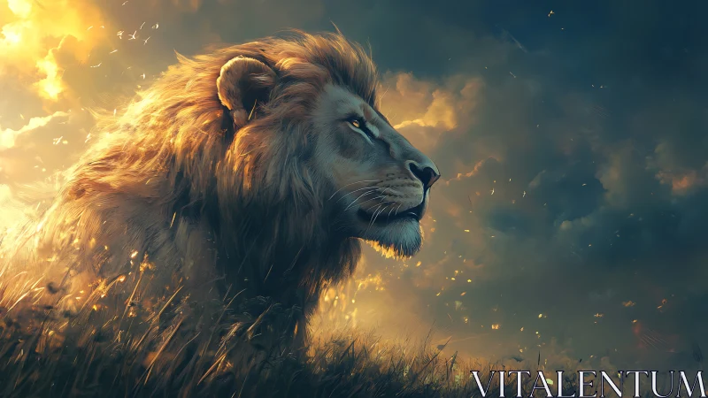 Majestic lion in glowing sunset stormscape profile.
