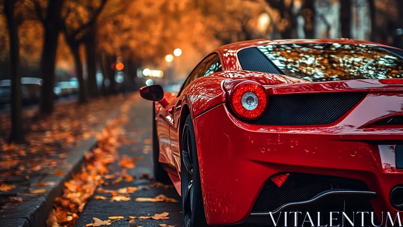 Red sports car parked on autumn city street at dusk.