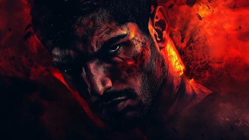 Fireborn gaze in a storm of embers and smoldering rage.