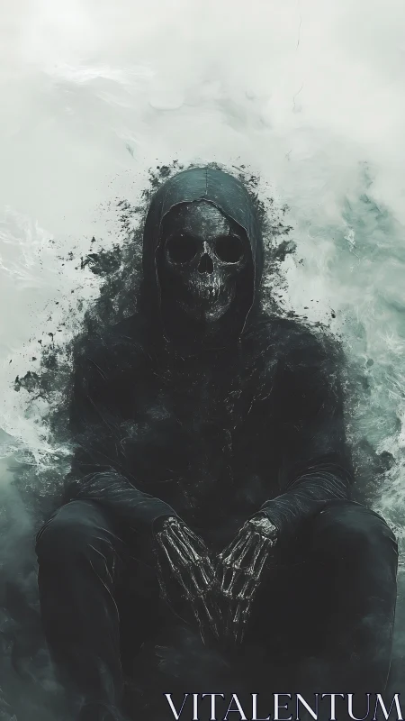 Hooded skeletal figure dissolves into smoky particulate haze