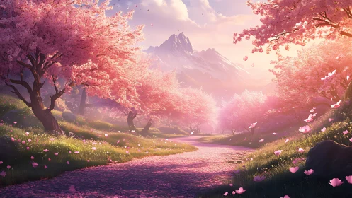 Petal River under cotton-candy blossoms at rosy dawn.