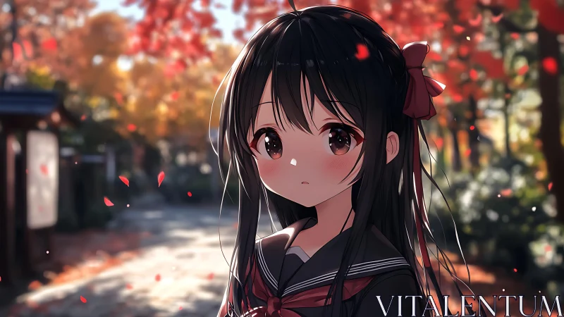 Autumn lane daydream with soft-eyed schoolgirl in scarlet hush.