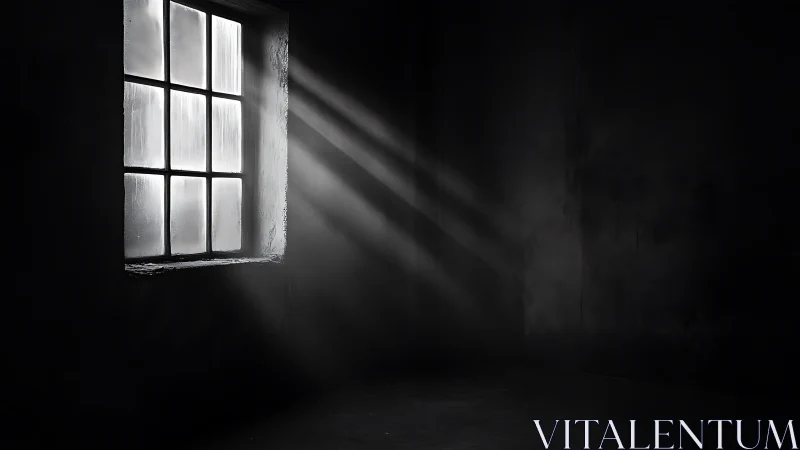 Monochrome window casting diagonal light in dark interior.