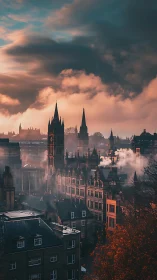 Moody Autumn City Spires Beneath Glowing Storm Clouds.