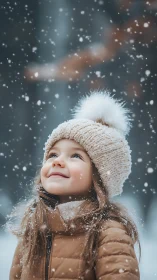 Child in winter attire gazing upward amid falling snow particles