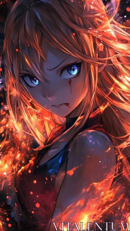Fiery anime heroine rendered in high-contrast chromatic lighting