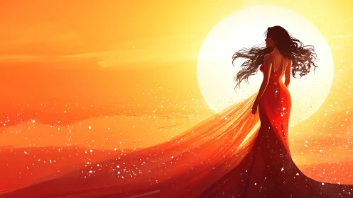 Sunlit woman in a flowing red dress embracing the glow.