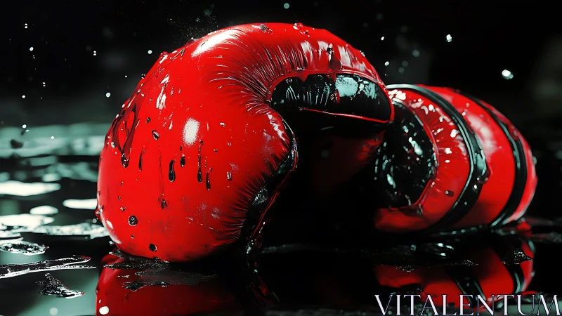 Red Boxing Gloves on Wet Surface Under Dark Lighting.