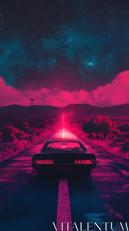 Retro car drives neon desert highway toward cosmic beam