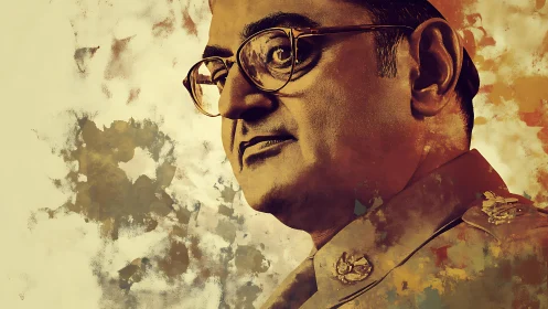 Military portrait merges realism and textured abstraction.