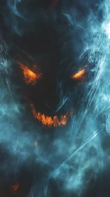 Fiery shadowed spirit smiling through swirling blue smoke.