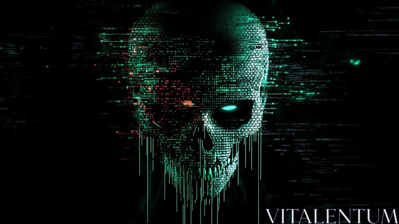 Glowing digital skull emerges from cascading matrix code.