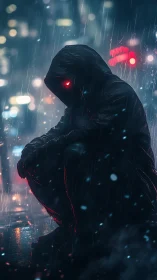 Hooded cybernetic figure waits alone in neon rain-soaked city.