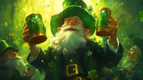 Leprechaun lifts shamrock beer steins amid glowing green light