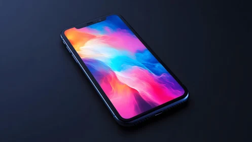Modern smartphone with vibrant abstract display on dark background.