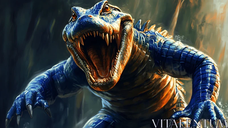 Primal reptilian beast lunging forward in vivid inferno light.