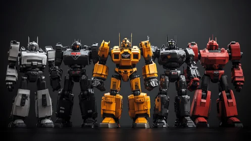 Industrial mecha squad in dramatic studio lighting lineup.