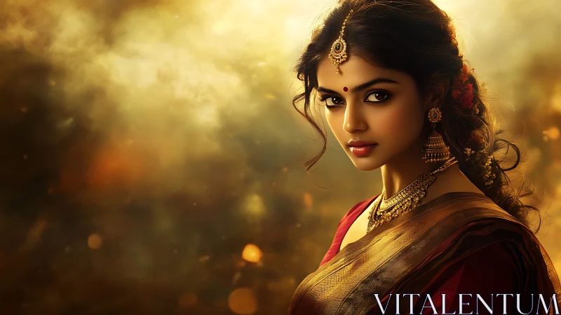 Regal Indian woman stands in warm golden cinematic light