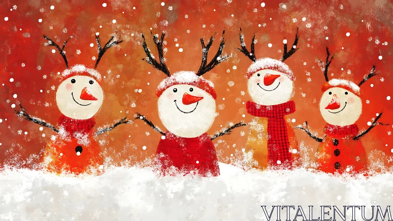 Cheerful snowmen with antlers celebrate in a snowy glow